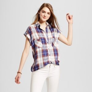 NWT! Mossimo Short Sleeve Blue Plaid Button Up Top